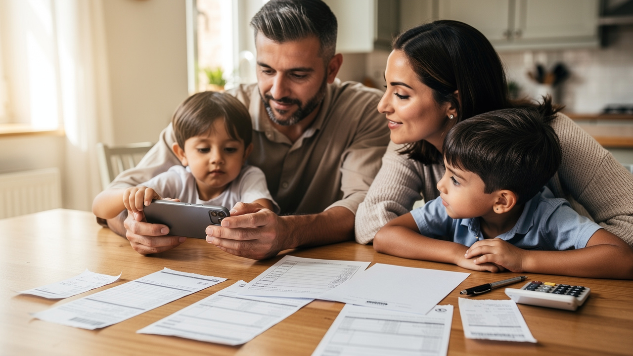 Spanish family looking at smartphone and bank statements on kitchen table, organizing bills and rece