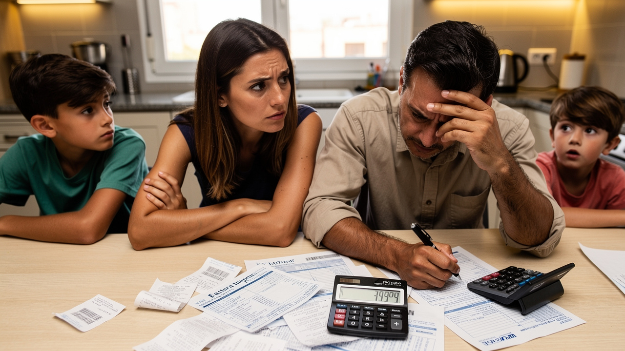 Spanish family stressed looking at tax documents and calculator on kitchen table with receipts scatt