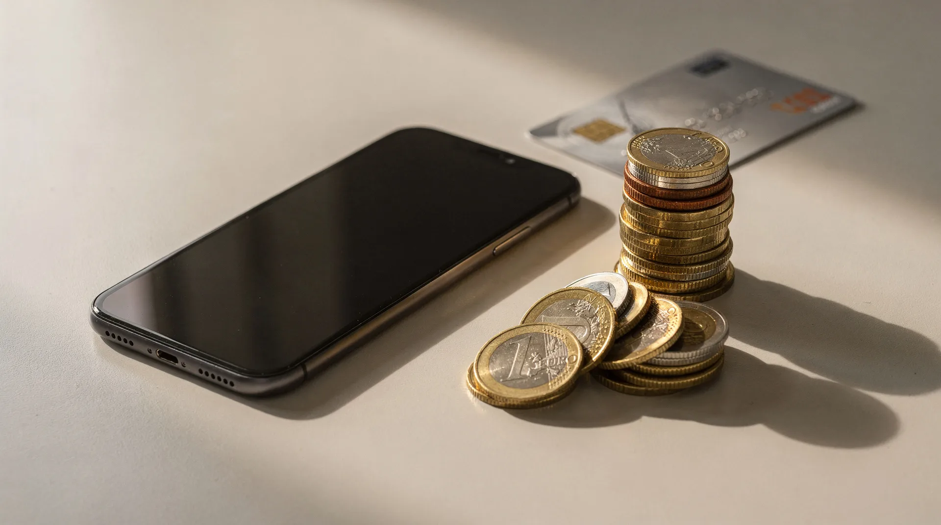 Smartphone sobre un escritorio junto a un pequeño montón de monedas de euro y una tarjeta bancaria, con luz cálida natural