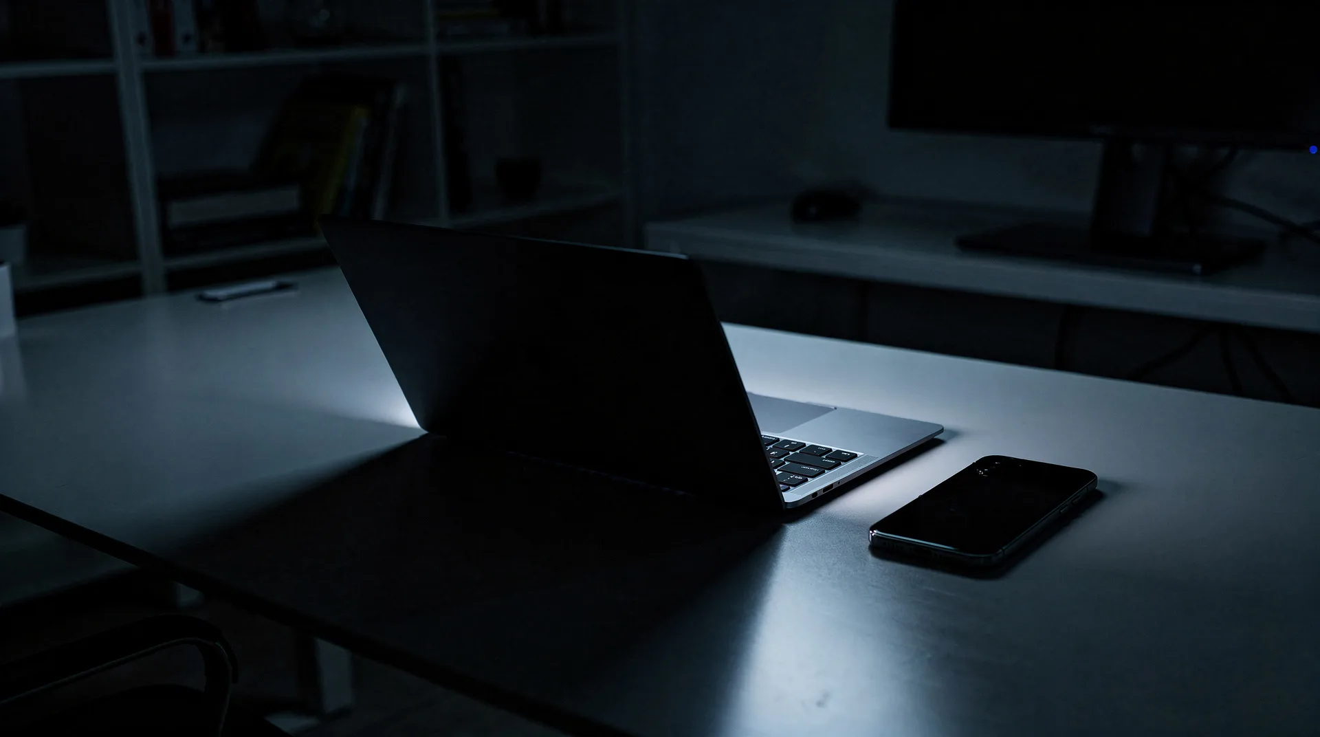 Portátil y smartphone iluminados con luz azul fría sobre un escritorio a oscuras, ambiente de ciberseguridad