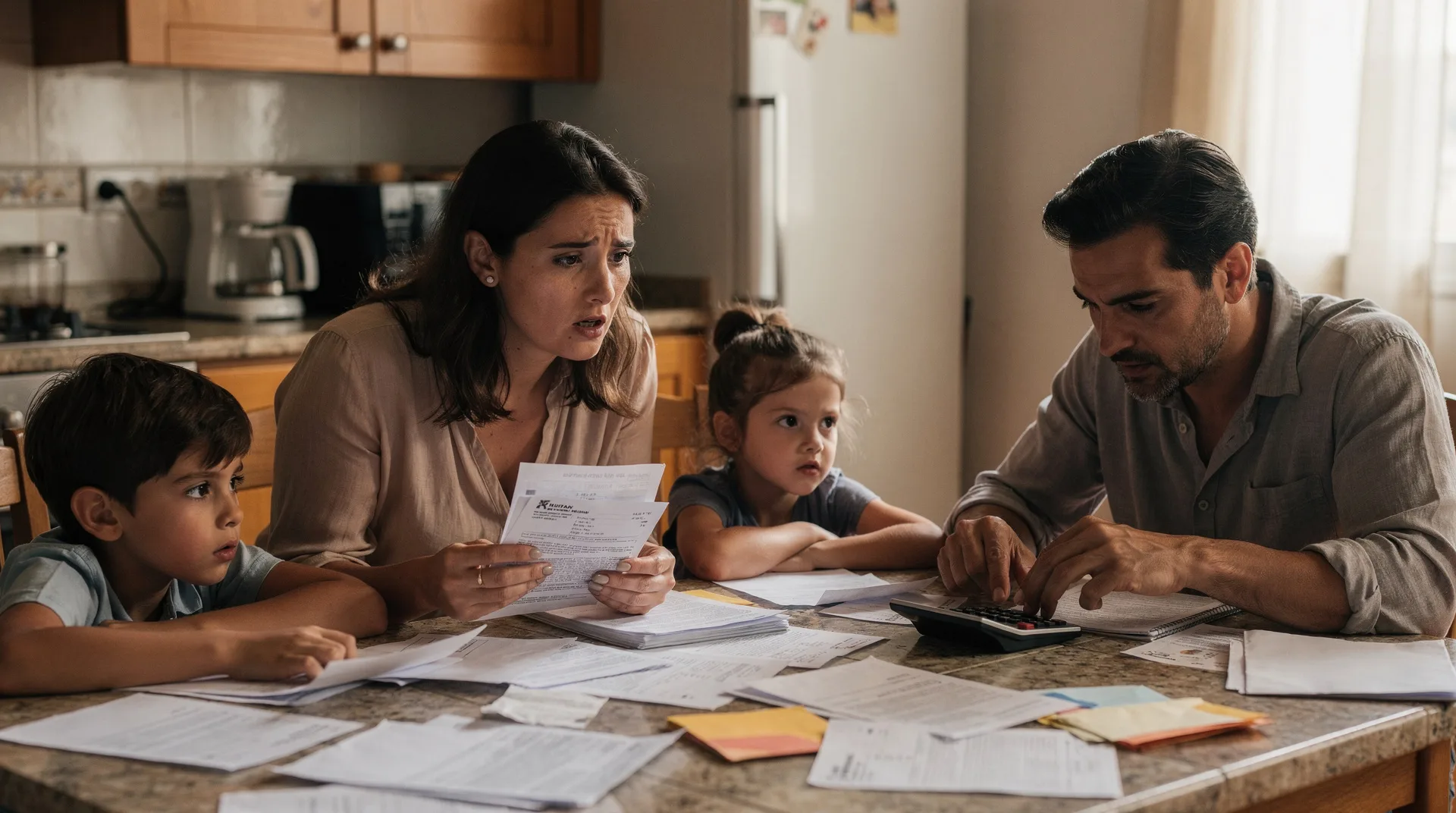 Spanish family looking worried while reviewing rental documents and bills at kitchen table with calc