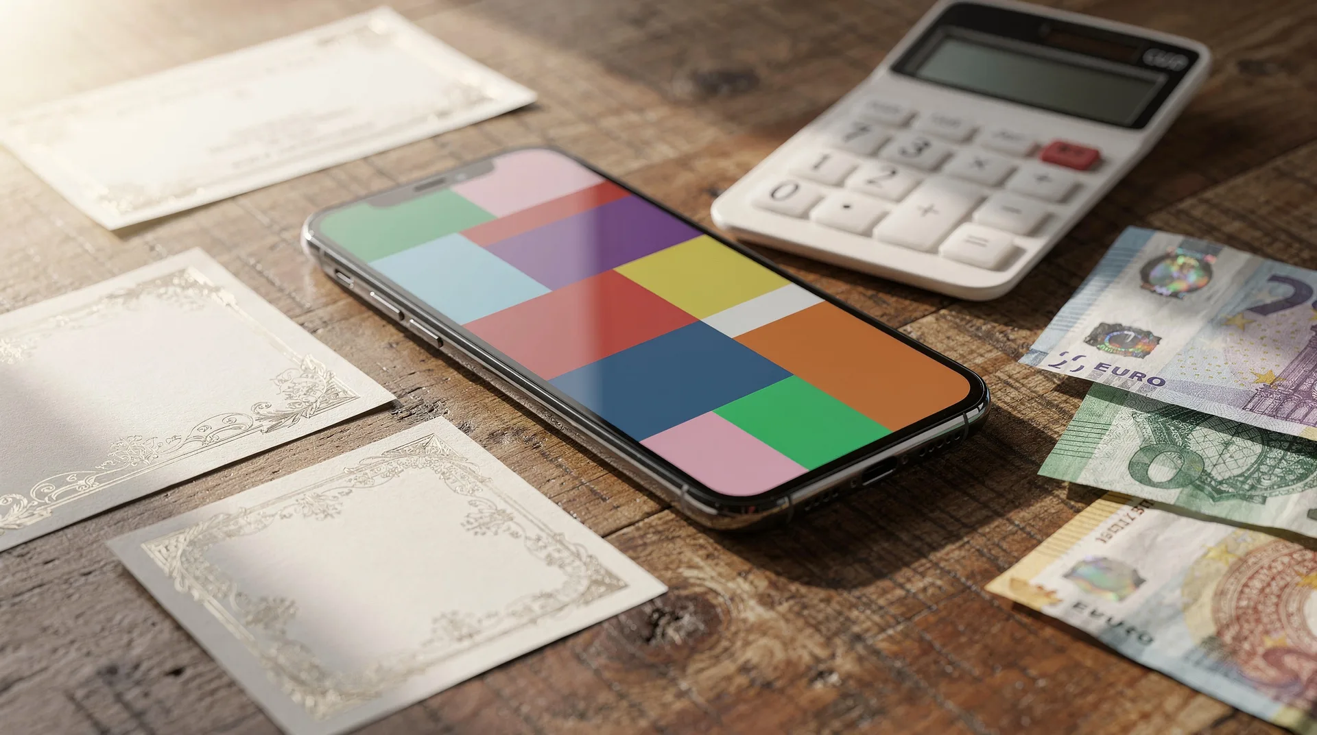 Smartphone displaying colorful finance app interface on wooden table with communion invitation cards