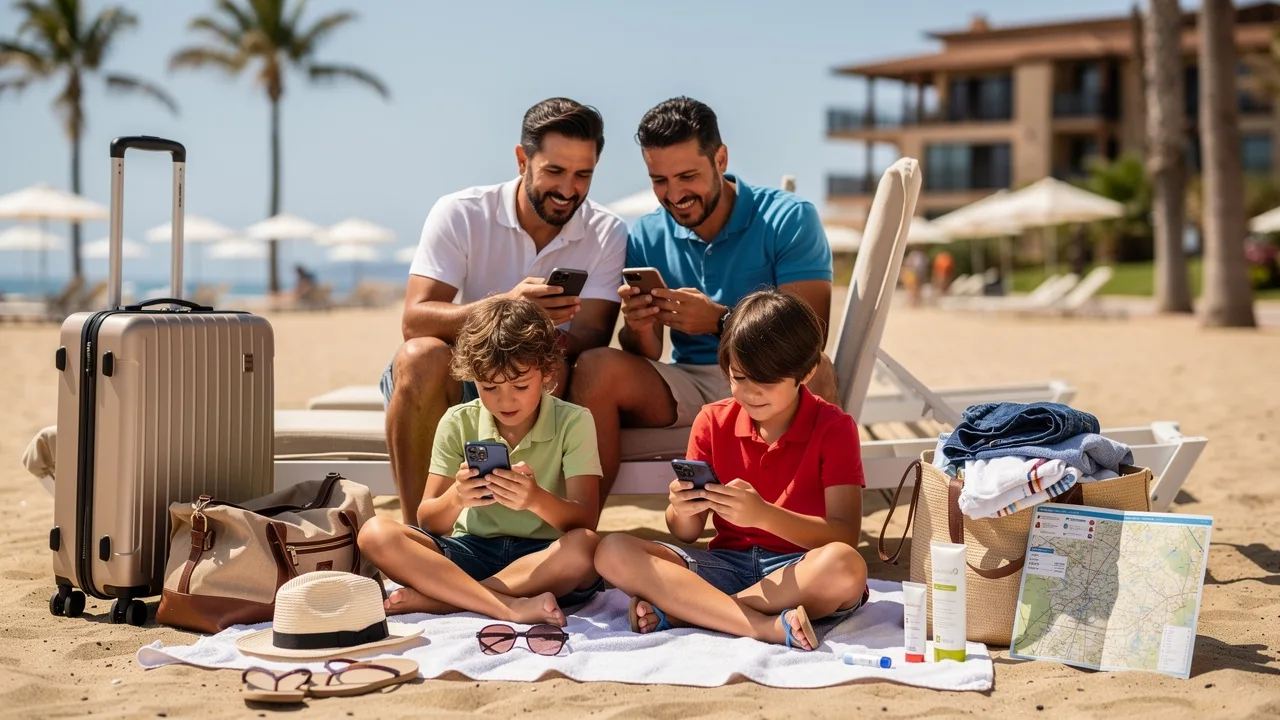 Spanish family using smartphones at beach resort checking expense tracking apps, vacation setting wi