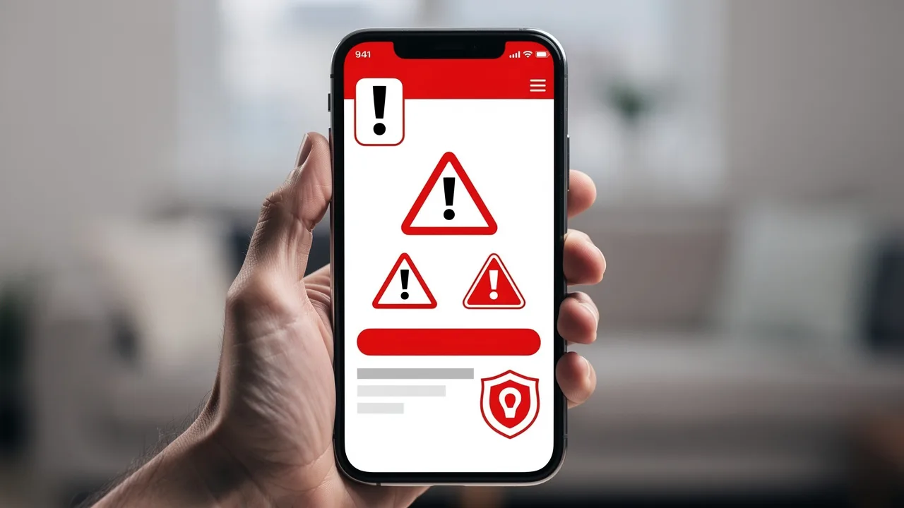 Smartphone screen showing a fake loan application with warning signs, red flags, and security alerts