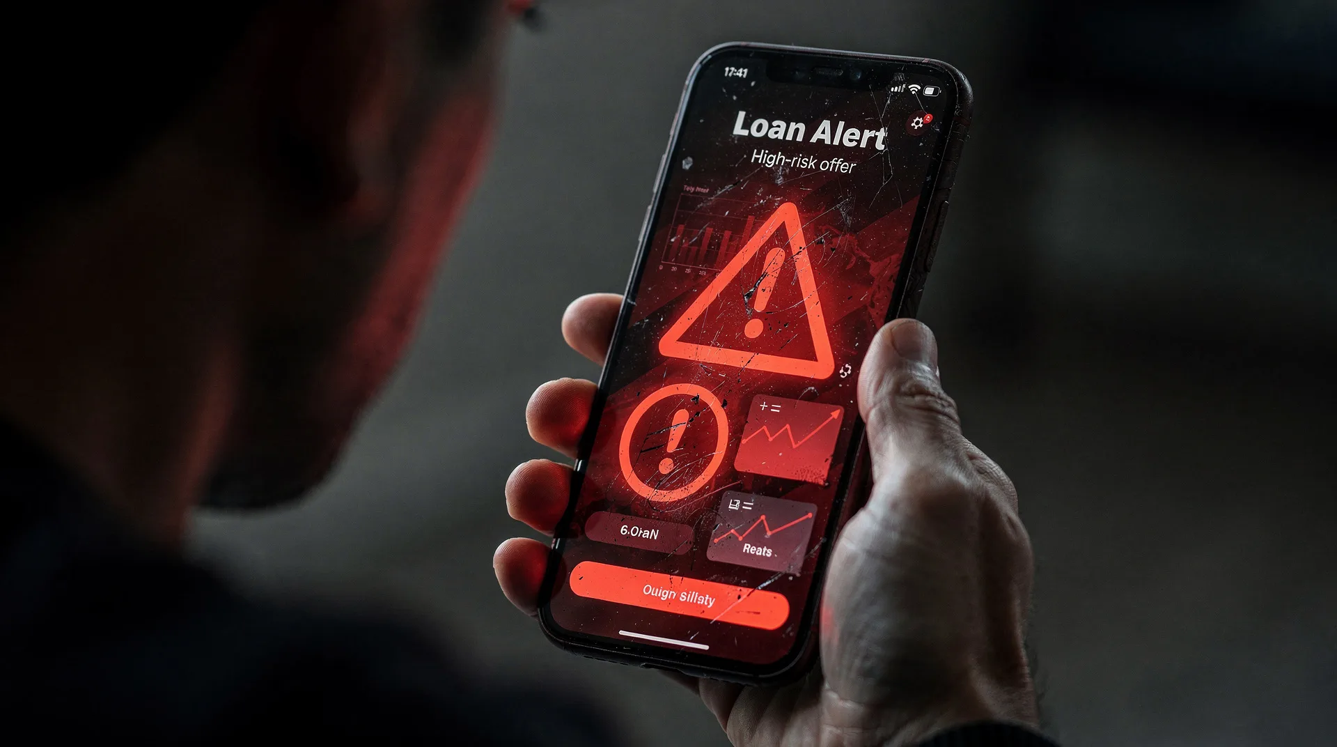 Smartphone screen showing fake loan app interface with warning signs, red alert symbols, person's ha