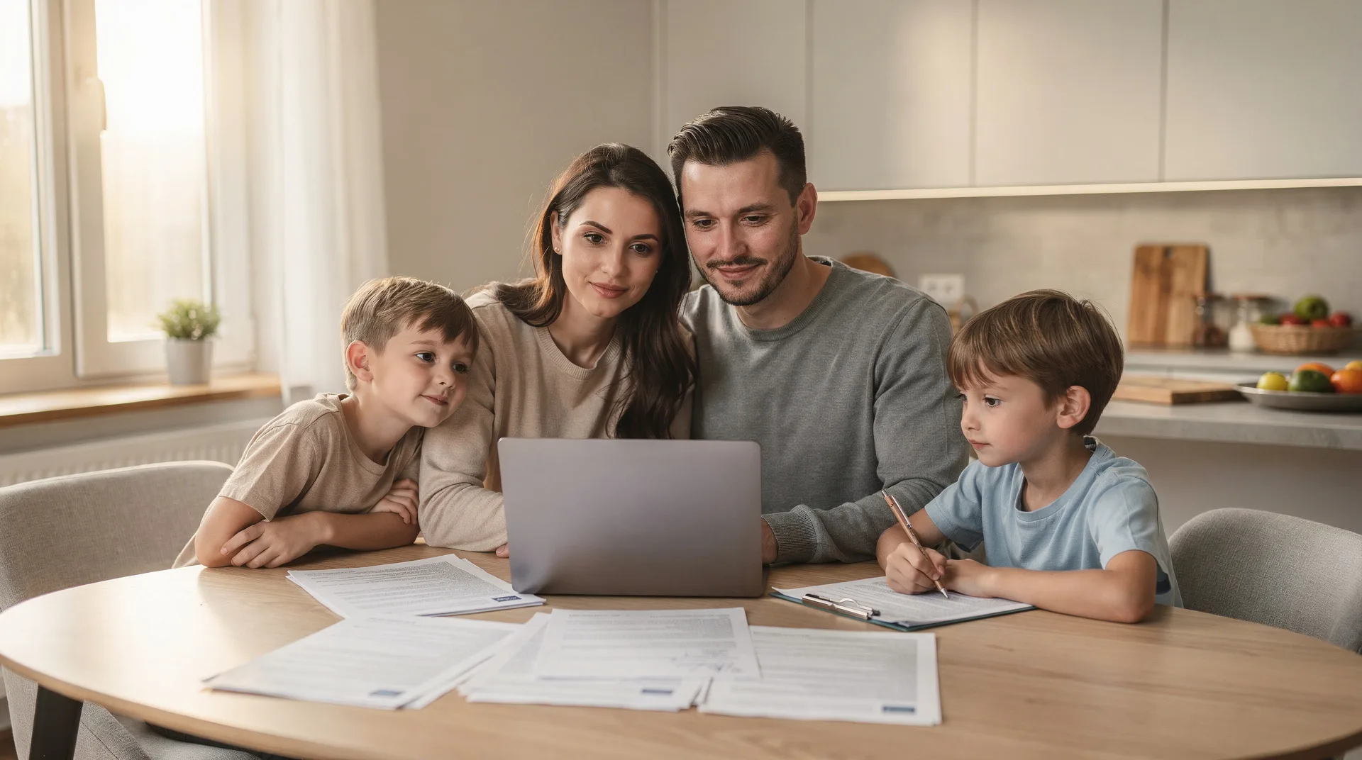 Familia con hijos revisando documentos de ayudas de la Seguridad Social en casa