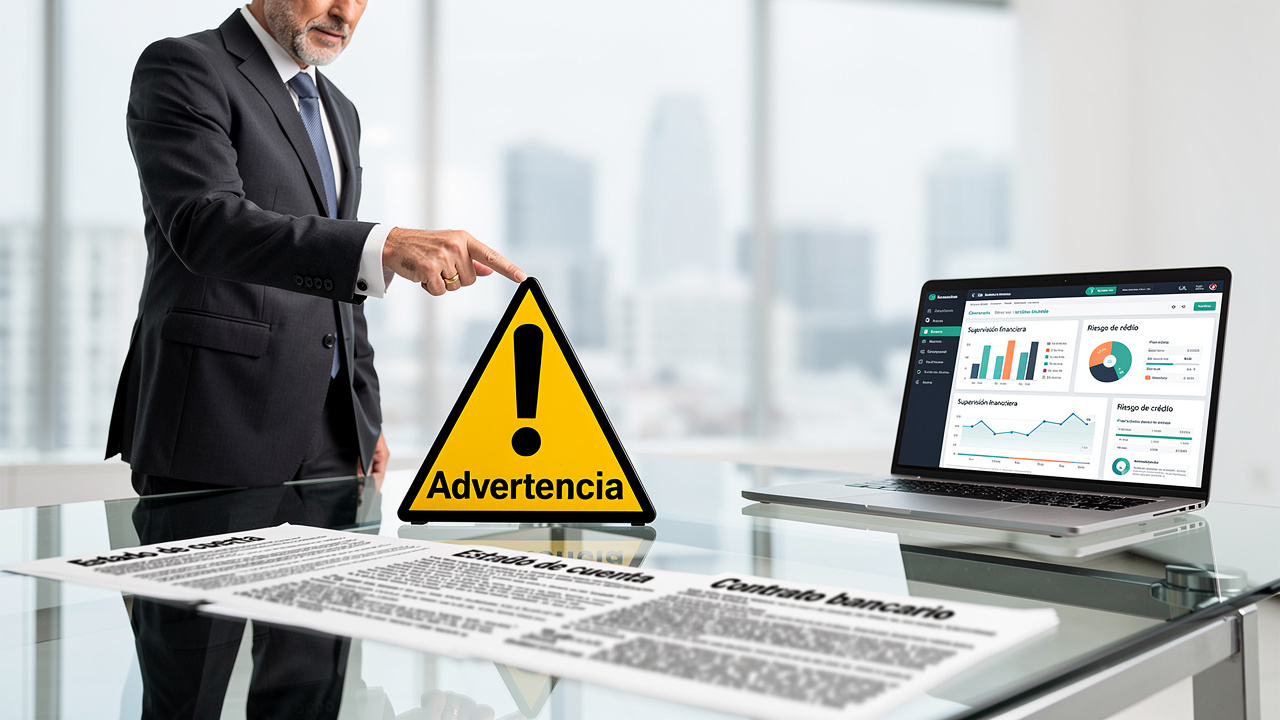 Serious businessman in suit pointing at warning sign with Spanish banking documents and laptop on mo