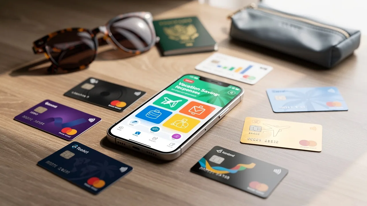 Modern smartphone displaying financial app interface with vacation savings and travel expenses, cred
