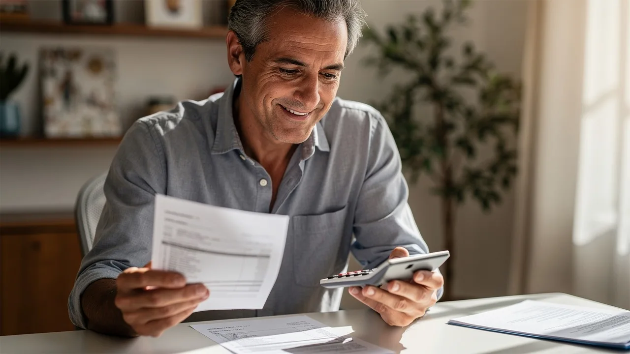 Middle-aged Spanish person holding bank statements and calculator at home desk, looking satisfied wh