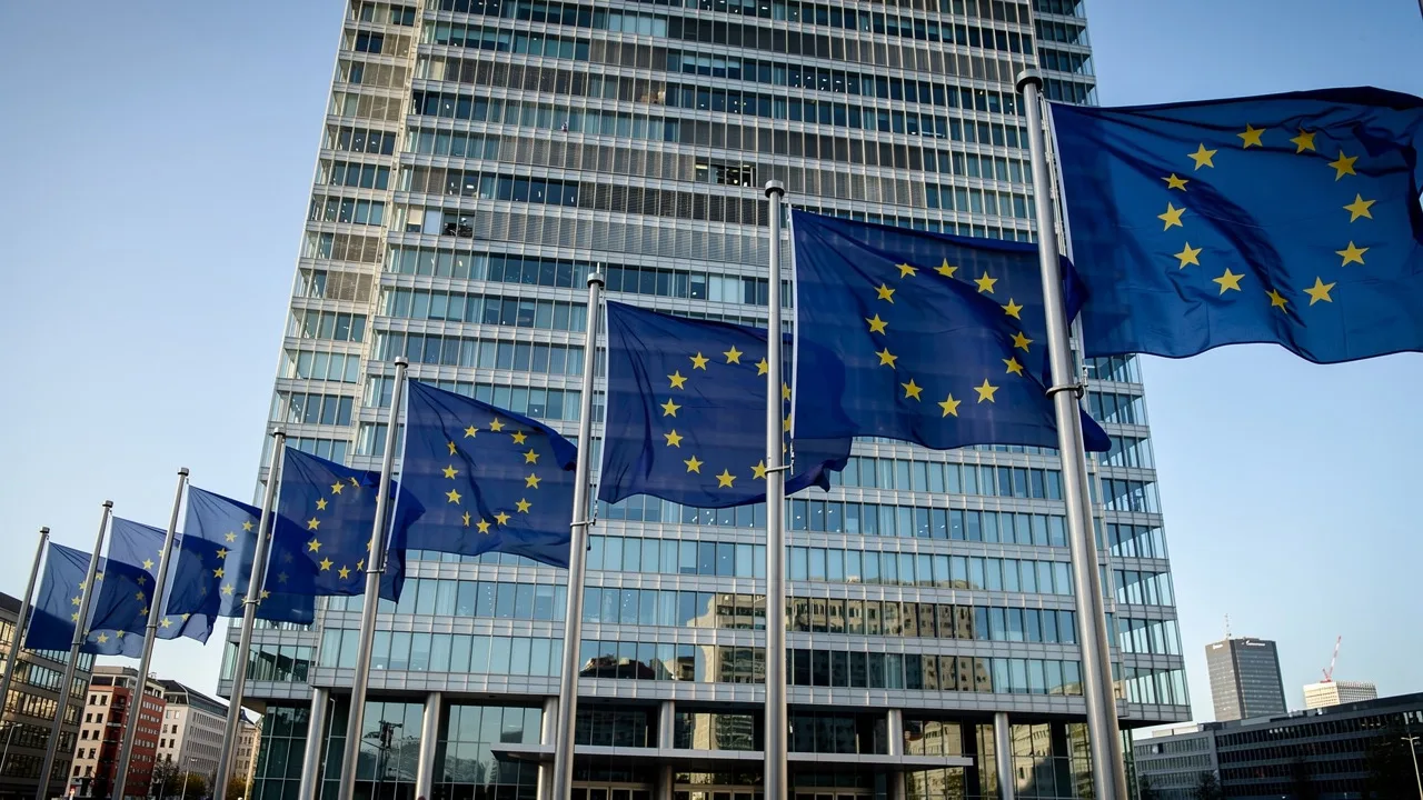 Edificio del Banco Central Europeo en Fráncfort con banderas de la UE