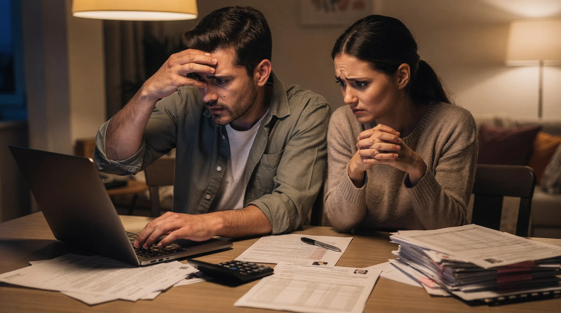 Spanish couple looking at wedding budget papers on laptop, worried expressions, calculator and weddi