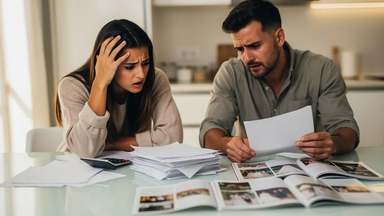 Spanish couple looking stressed while reviewing wedding budget papers and calculator on kitchen tabl