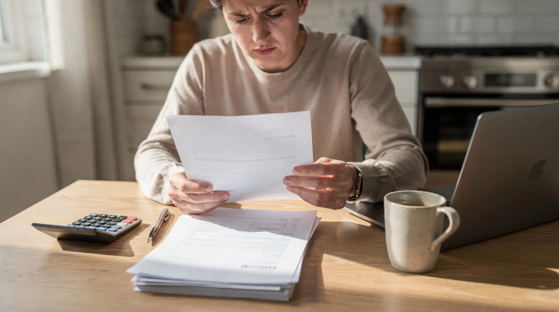Persona calculando en una mesa si le conviene cancelar su hipoteca antes de tiempo con documentos bancarios y una calculadora