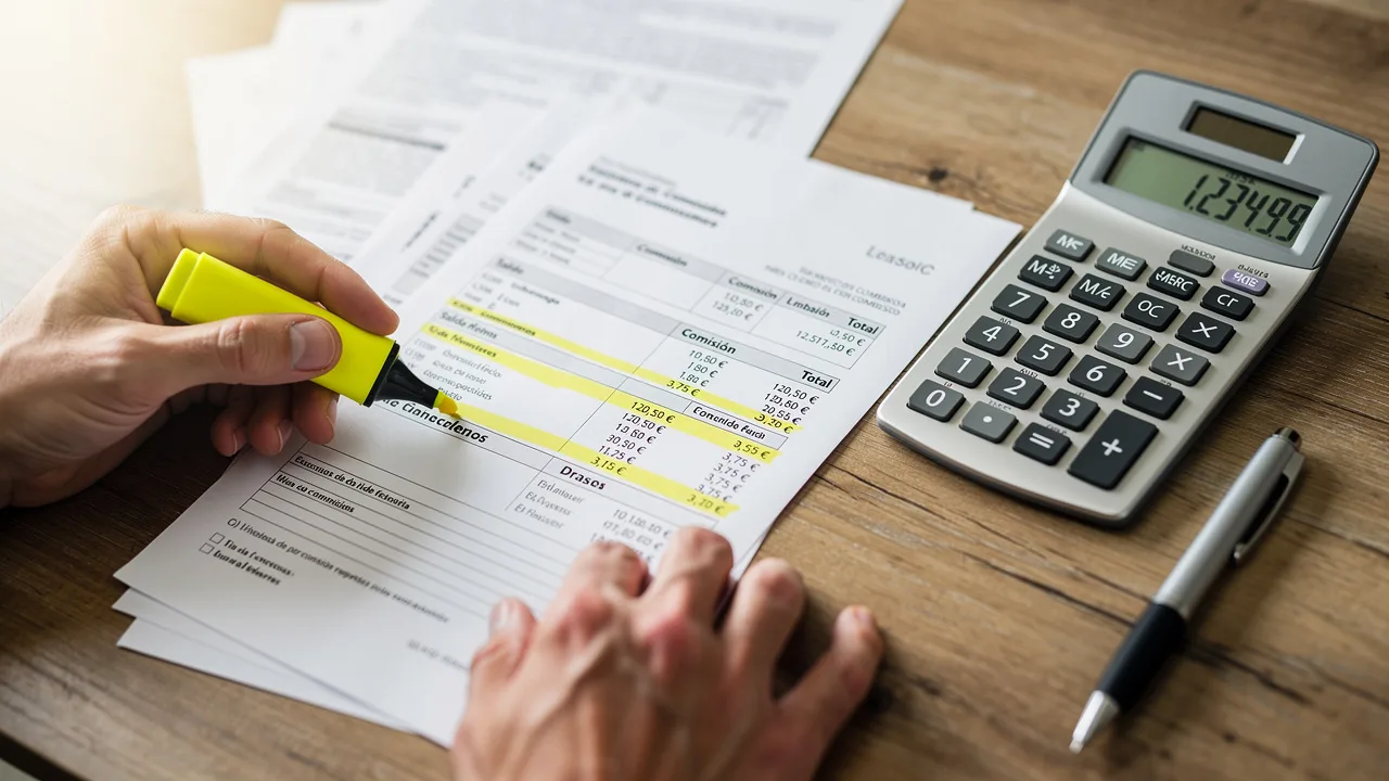 Close-up of Spanish bank statements and calculator showing commission charges, person's hands review