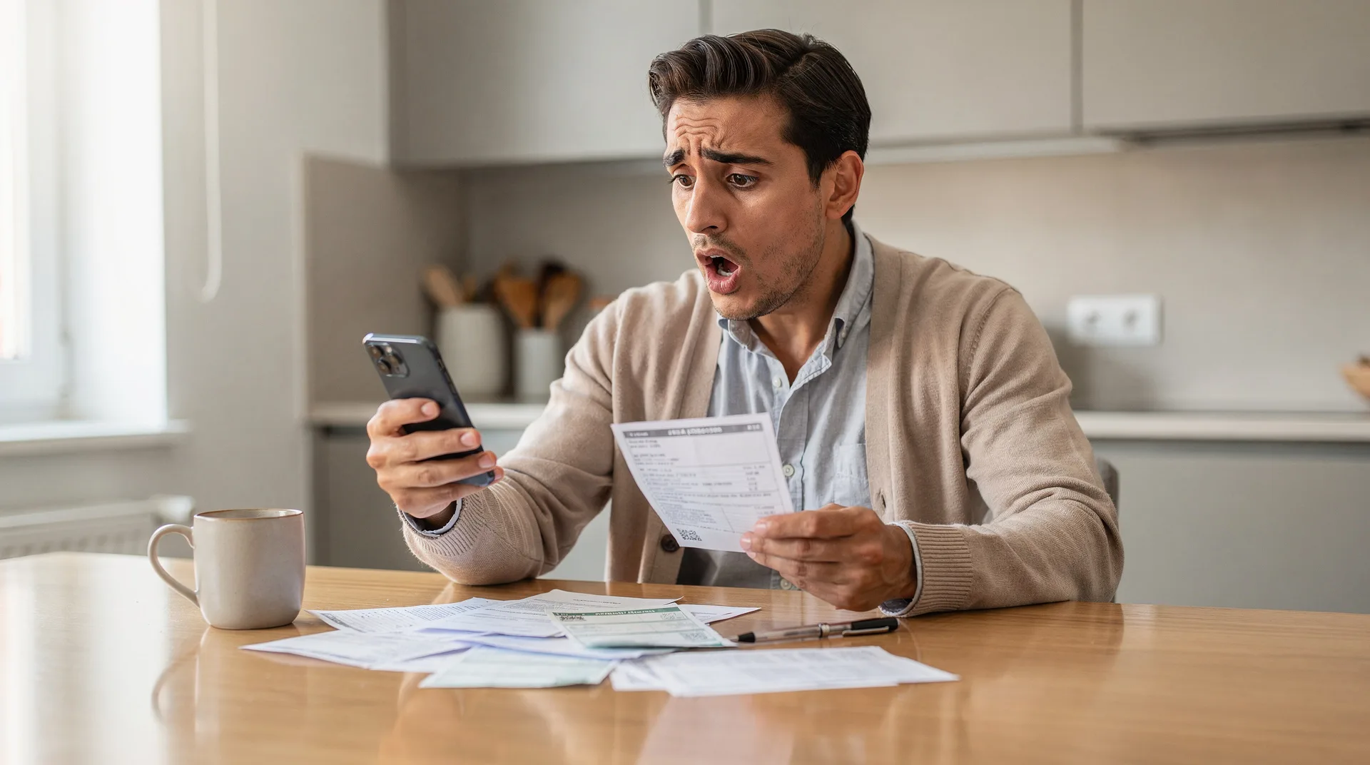 Professional spanish person looking shocked while checking bank statement on smartphone, sitting at 