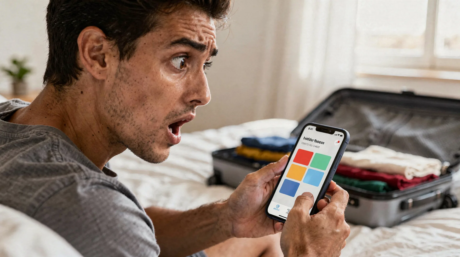 Spanish person looking shocked at smartphone screen showing bank transaction with hidden fees, vacat