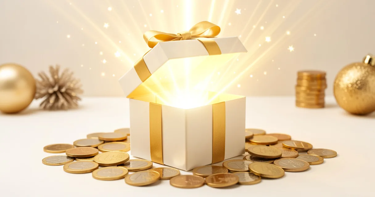 Caja de regalo abriéndose con luz dorada y monedas de euro alrededor