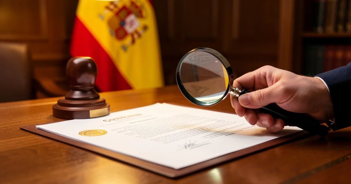 Escritorio oficial con sello, lupa examinando documentos y bandera española