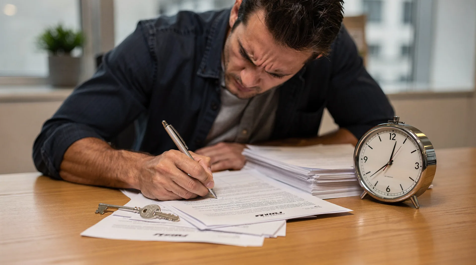 Persona firmando un contrato de arras con prisas mientras mira el reloj