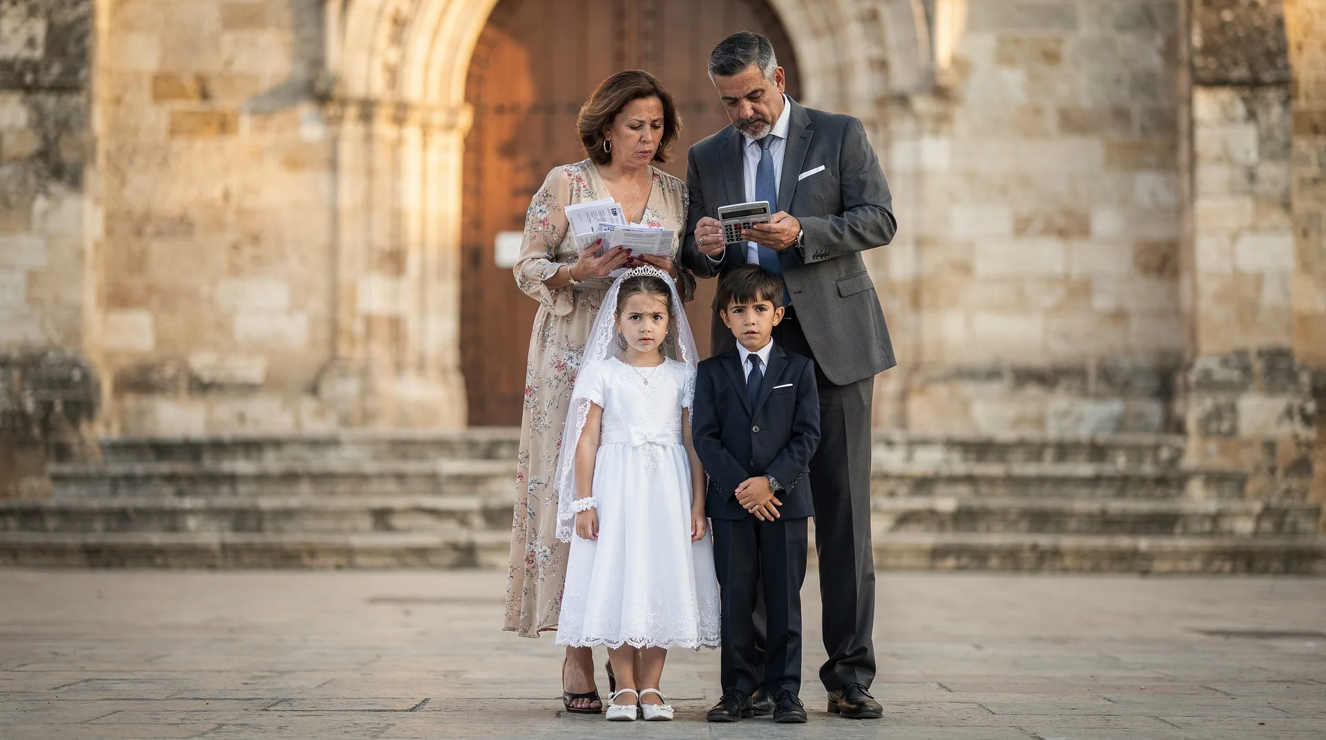 Spanish family with young child in white communion dress and suit standing outside a church, parents