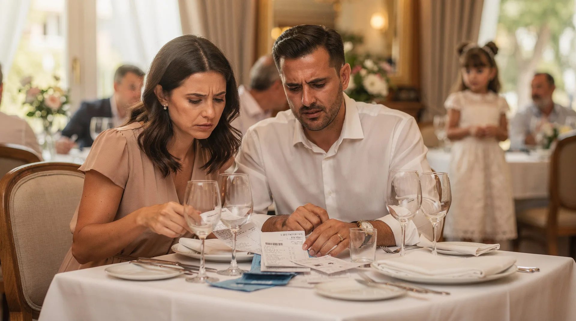 Spanish family at a communion celebration, elegant restaurant setting, parents looking concerned whi