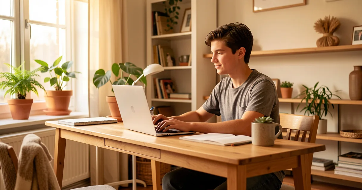 Persona joven trabajando en su escritorio con un portátil planificando sus finanzas