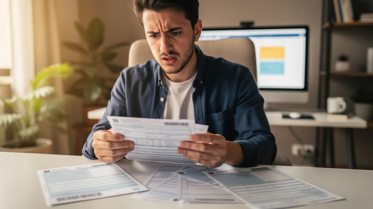 Spanish person looking stressed while reviewing tax documents on computer screen, close-up shot of f
