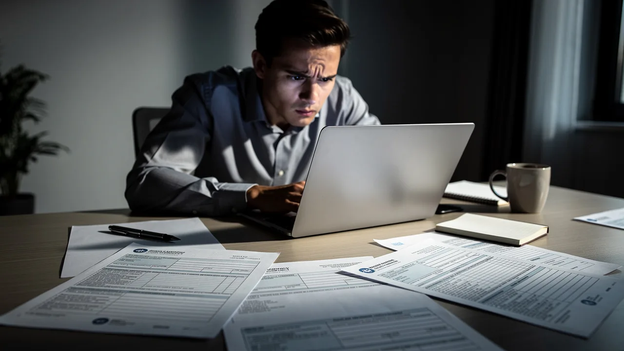 Professional office setting with a person looking concerned at their laptop screen showing a suspici