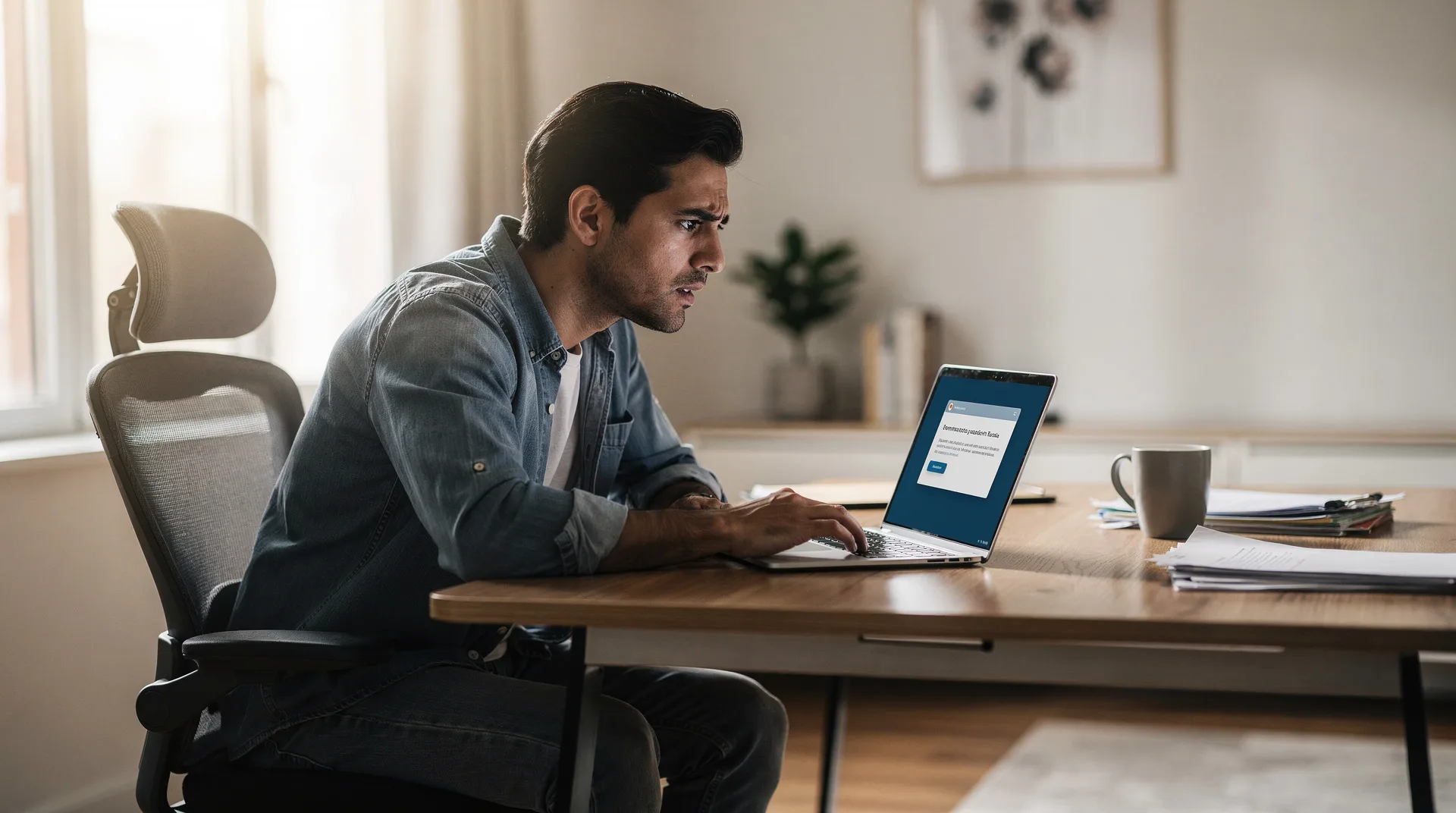 Spanish person looking concerned at laptop screen showing fake tax authority email, modern home offi