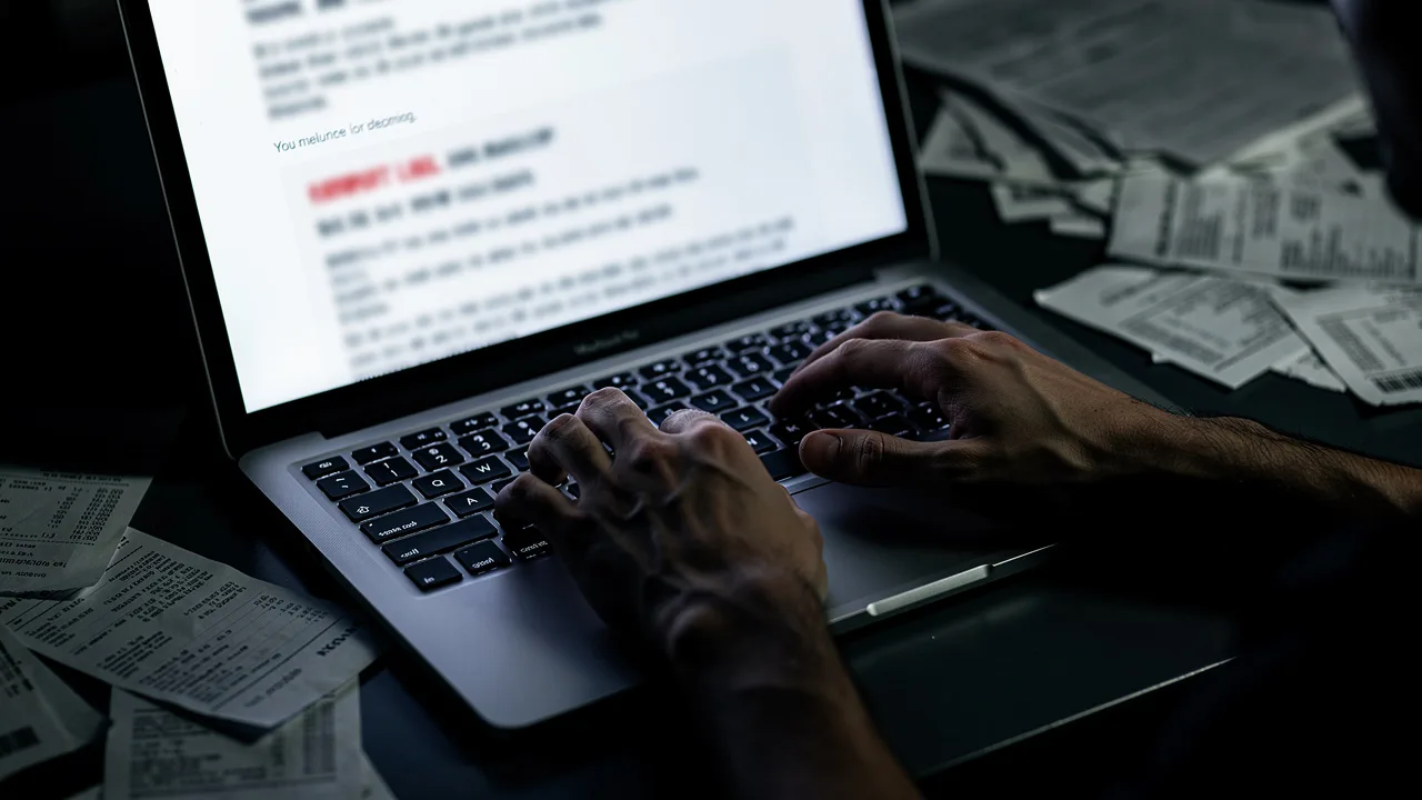 Close-up of hands typing on laptop keyboard with suspicious phishing email visible on screen, dark l