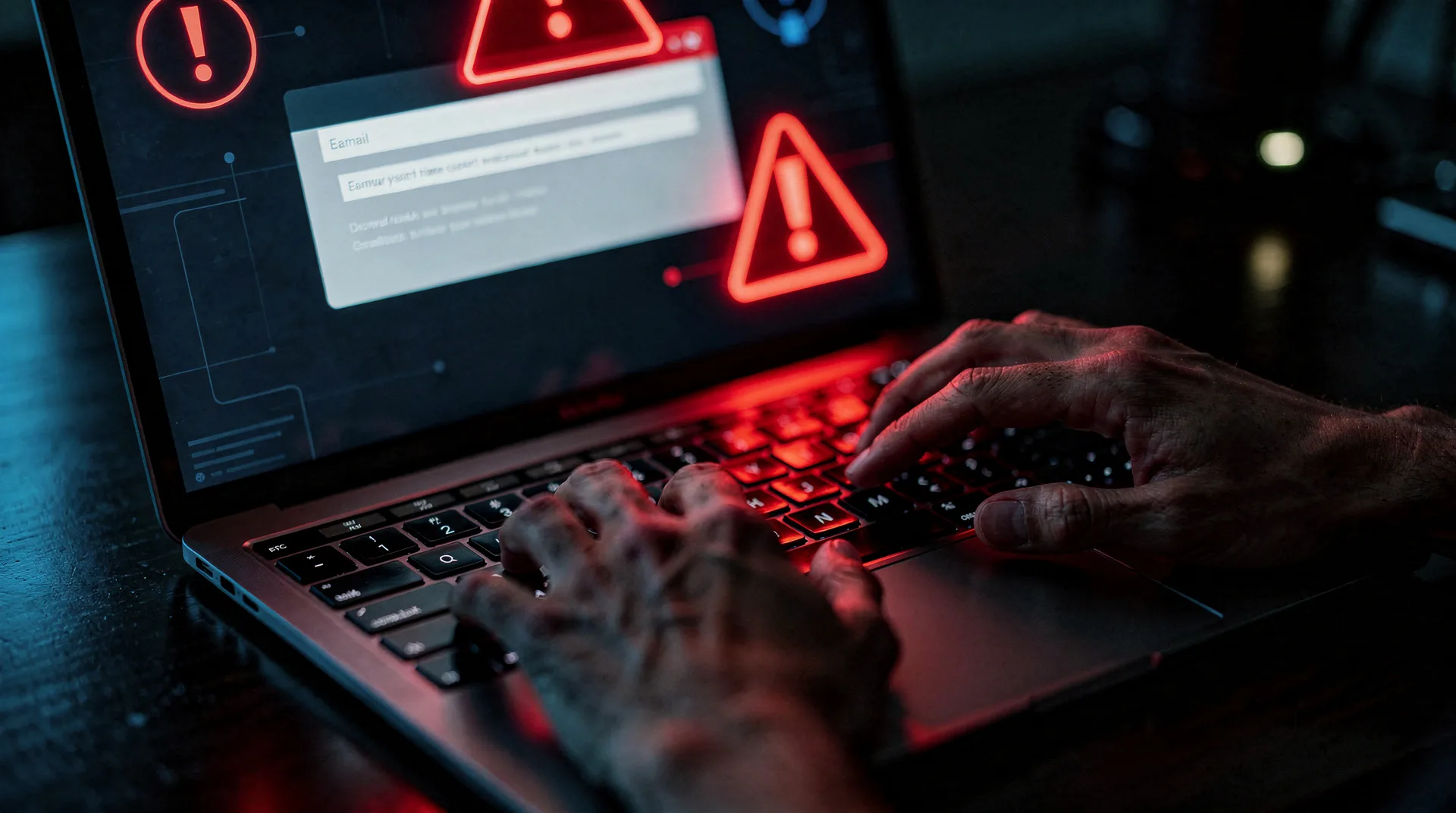 Close-up of hands typing on laptop with suspicious email on screen, warning symbols and red alert no