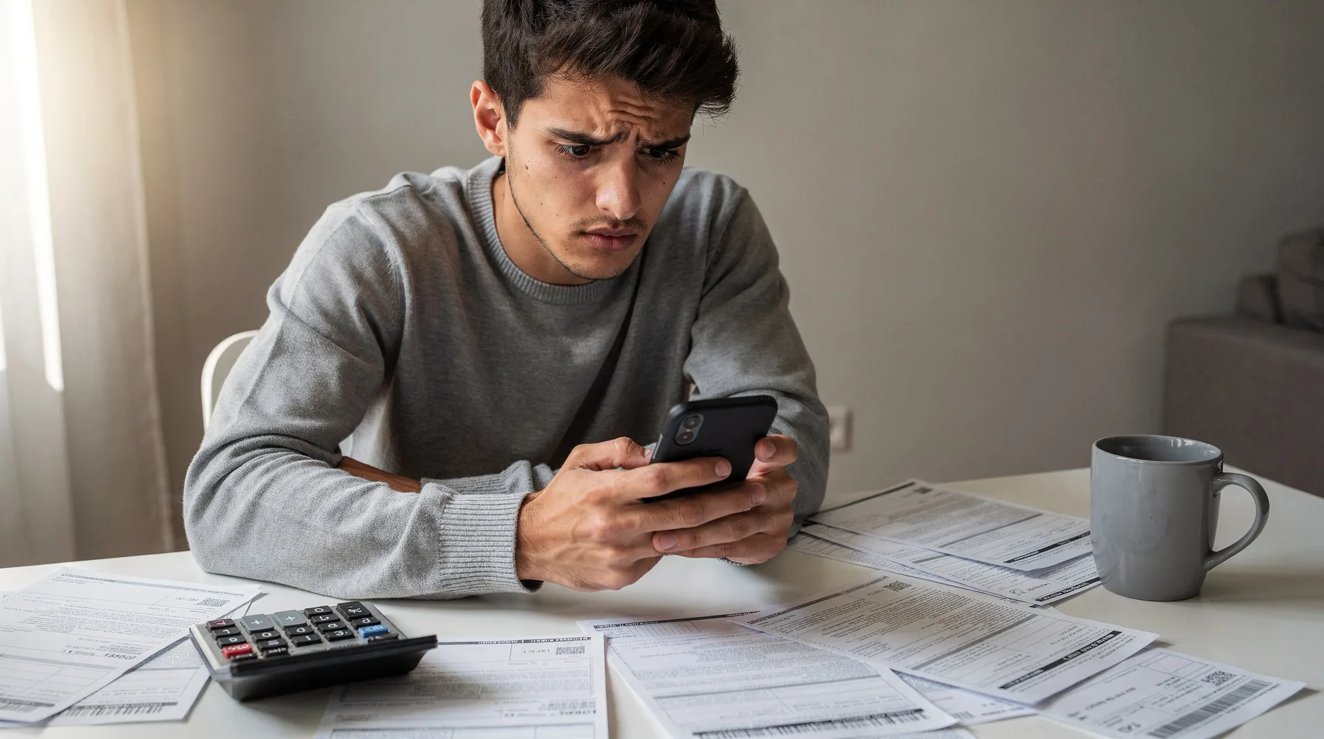 Young Spanish person looking worried while checking phone banking app, sitting at desk with bills an
