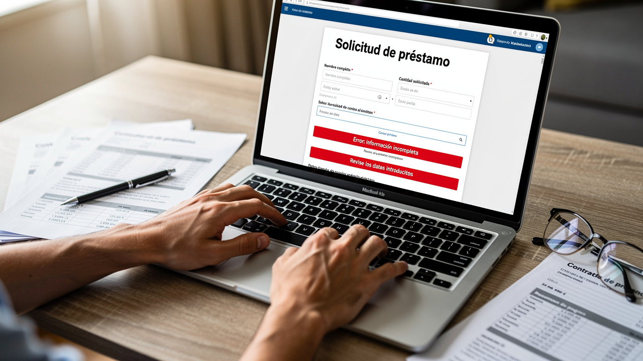 Close-up of hands typing on laptop computer screen showing loan application form with red error mess
