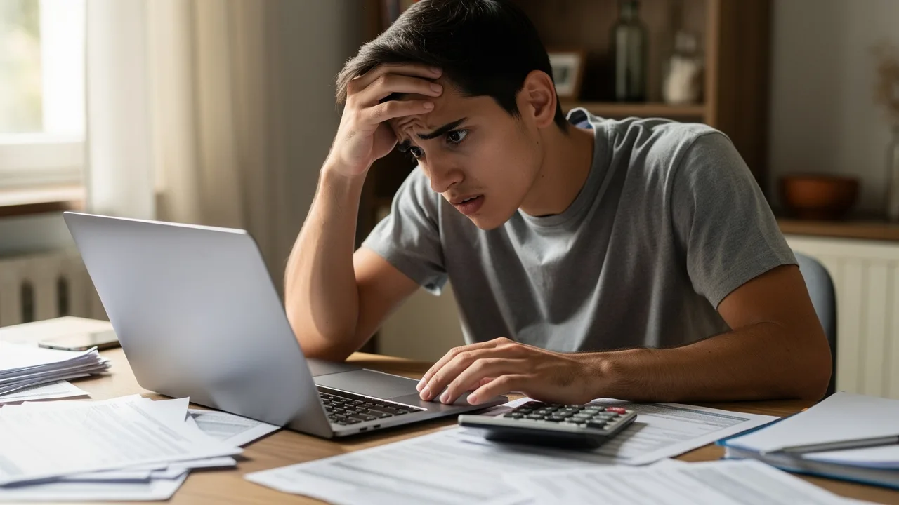 Young Spanish person looking worried while reviewing tax documents at laptop computer, calculator an