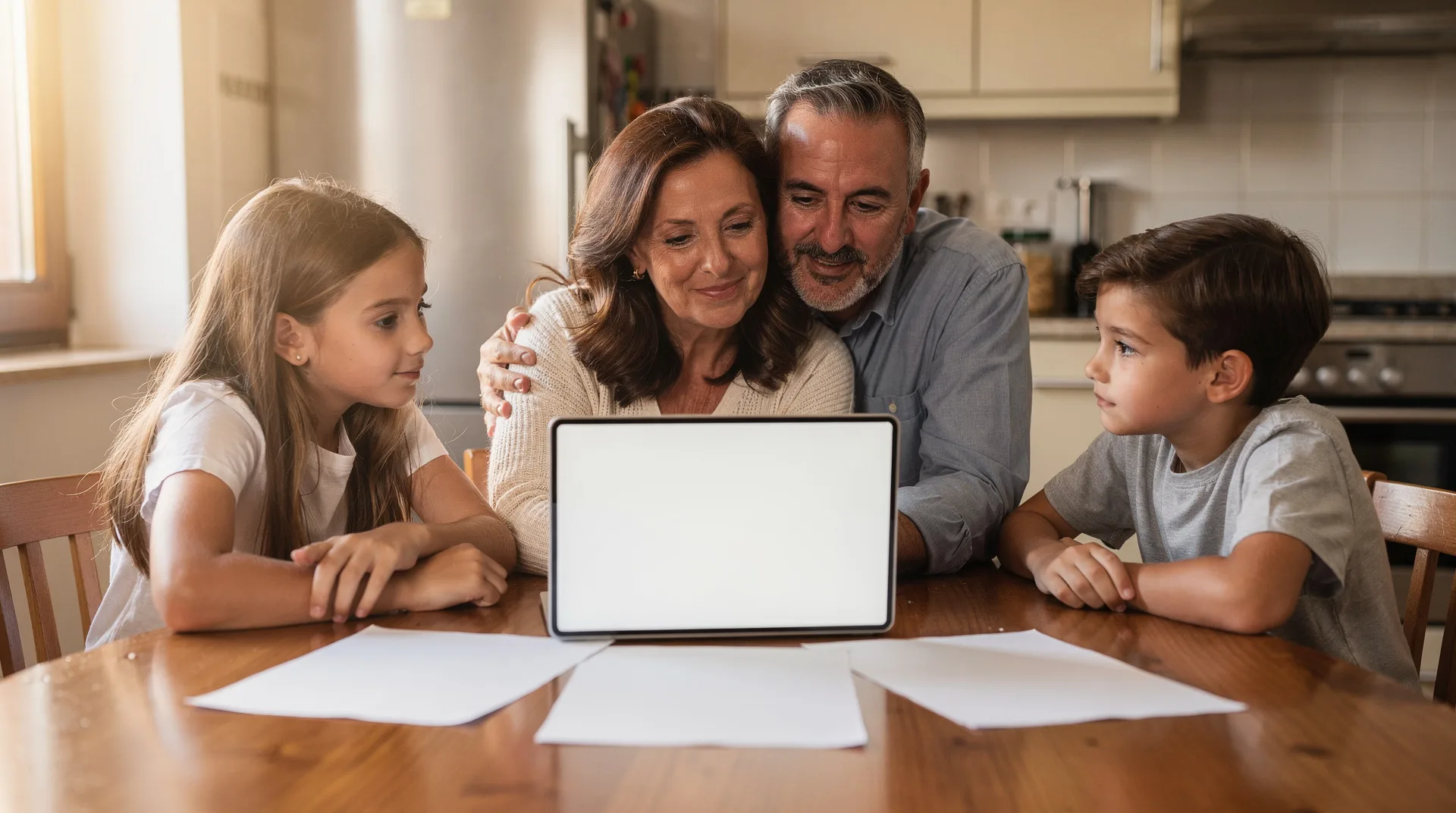 Familia española revisando su presupuesto en casa con documentos y ordenador portátil sobre la mesa en mayo