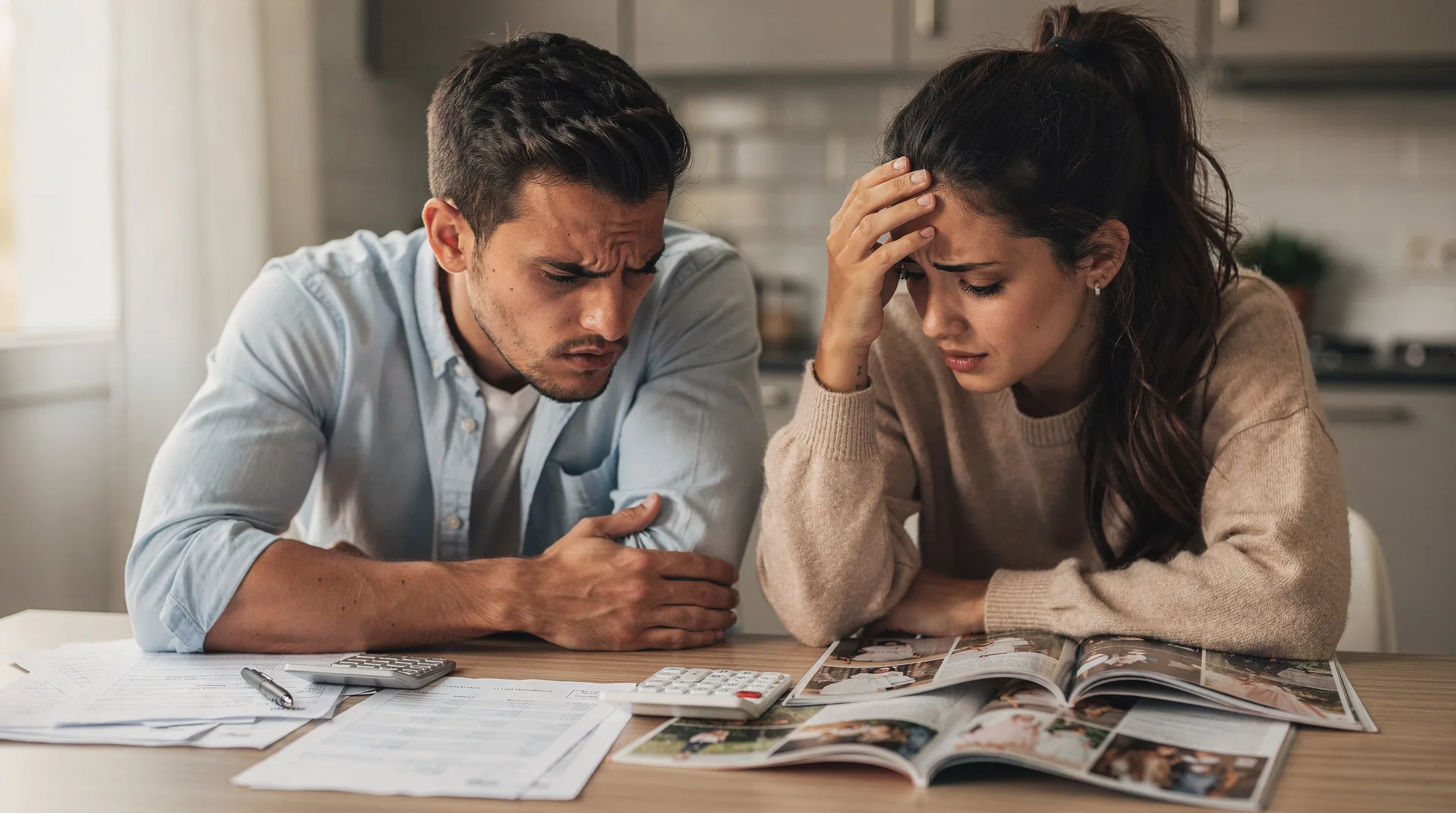 Spanish couple looking worried while reviewing wedding budget papers and calculator on a table with 