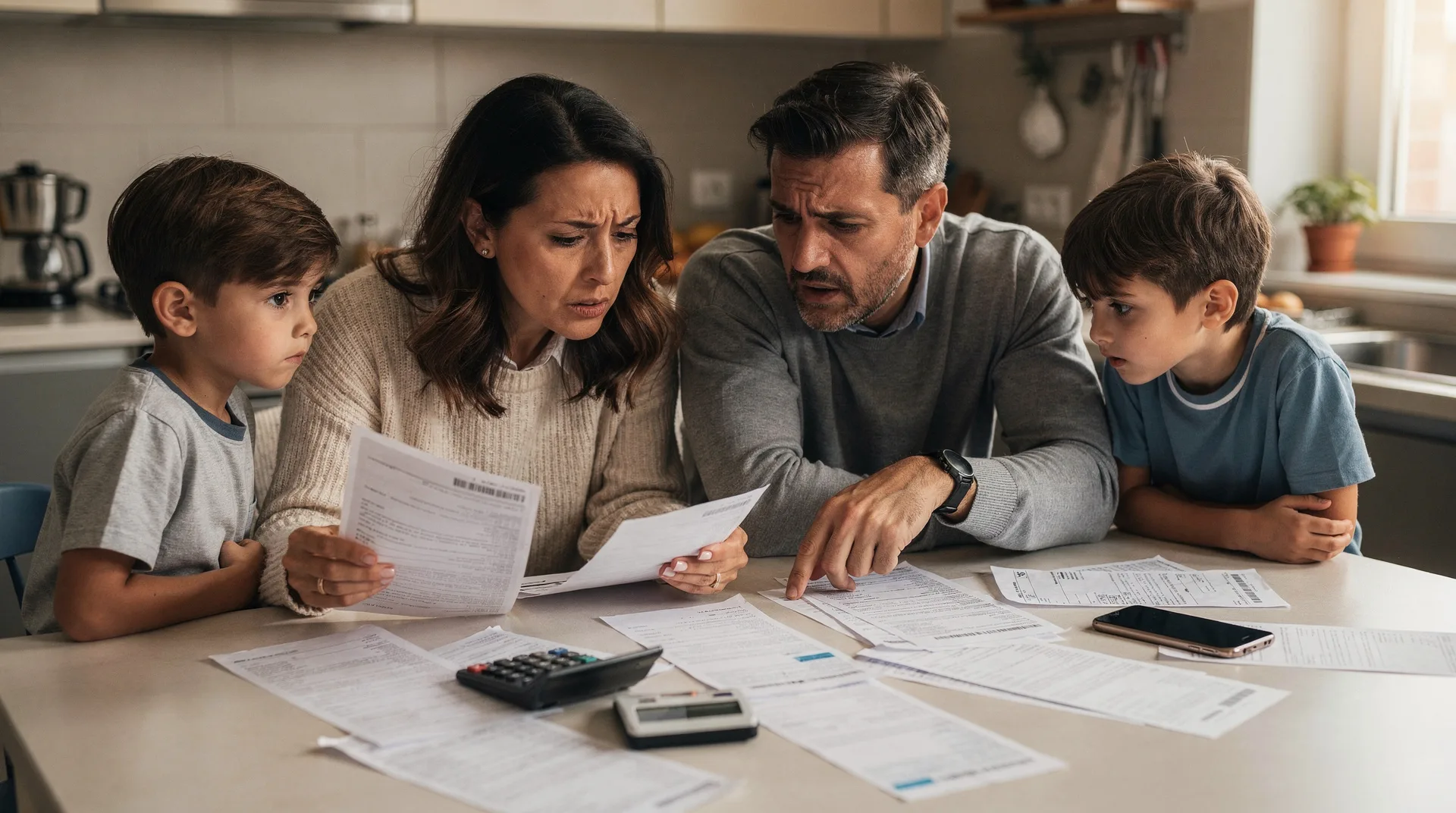 Spanish family looking worried while reviewing household bills and receipts spread on kitchen table,
