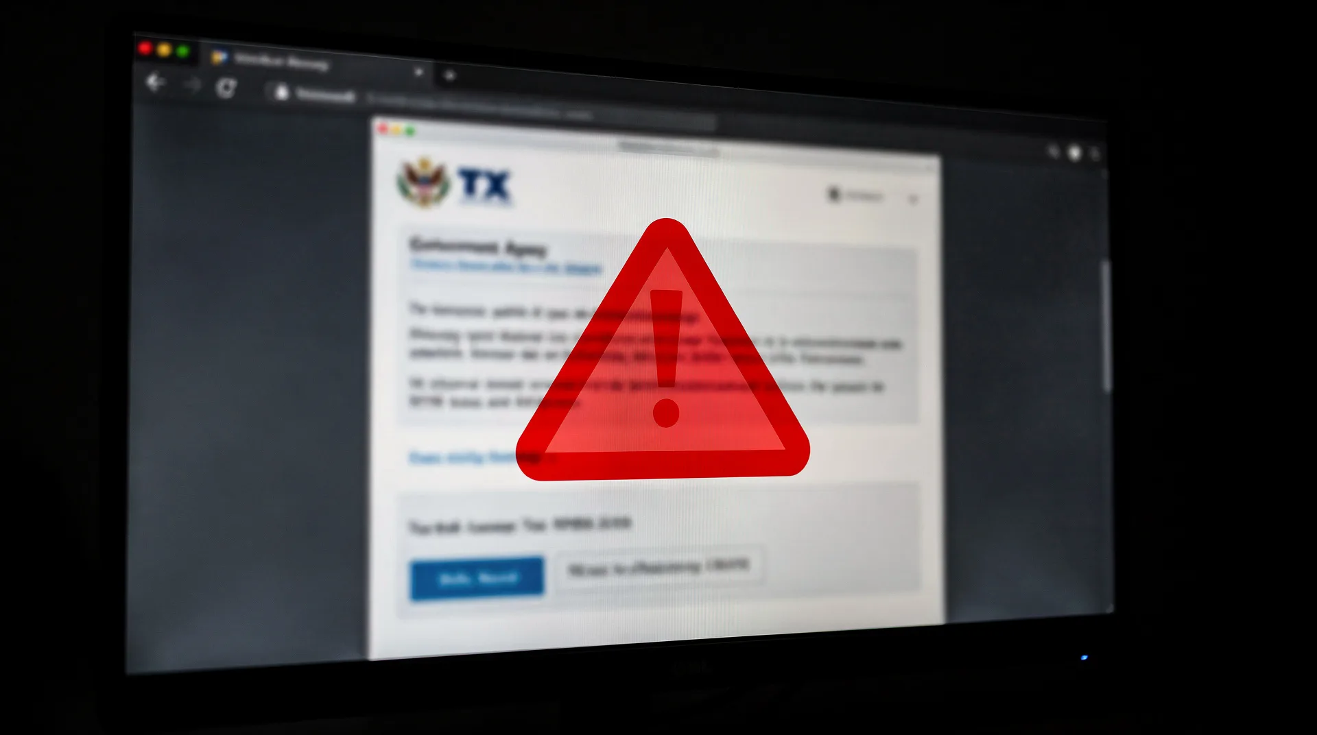 Pantalla de ordenador mostrando un correo electrónico fraudulento que suplanta a la Agencia Tributaria, con señales visuales de alerta