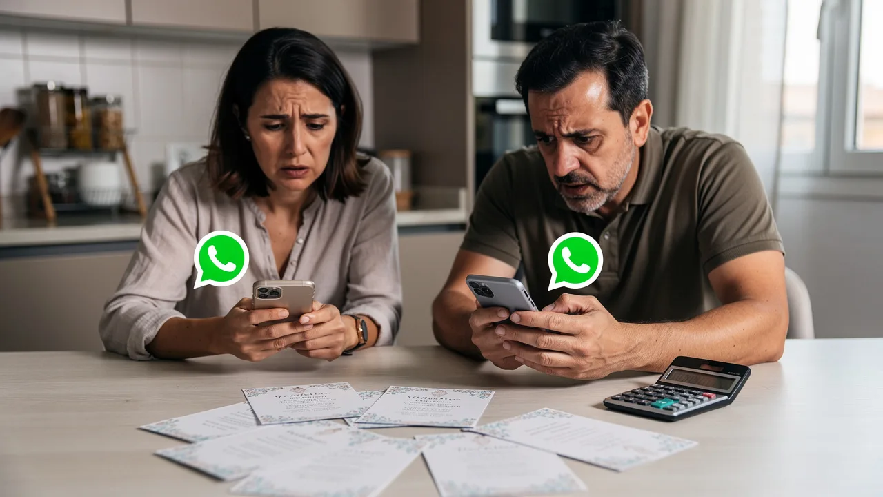 Spanish parents looking worried at their smartphones with WhatsApp messages, concerned expressions, 