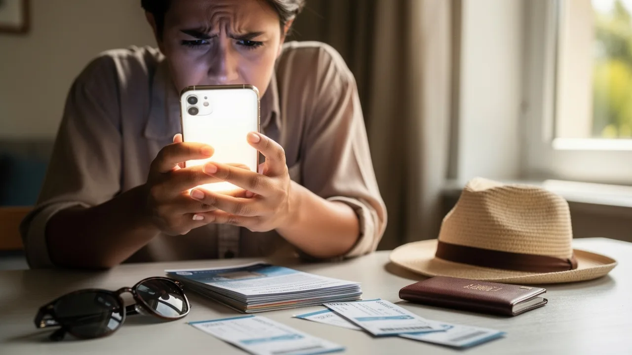 Person looking concerned at smartphone screen showing bank SMS message, summer vacation items like s