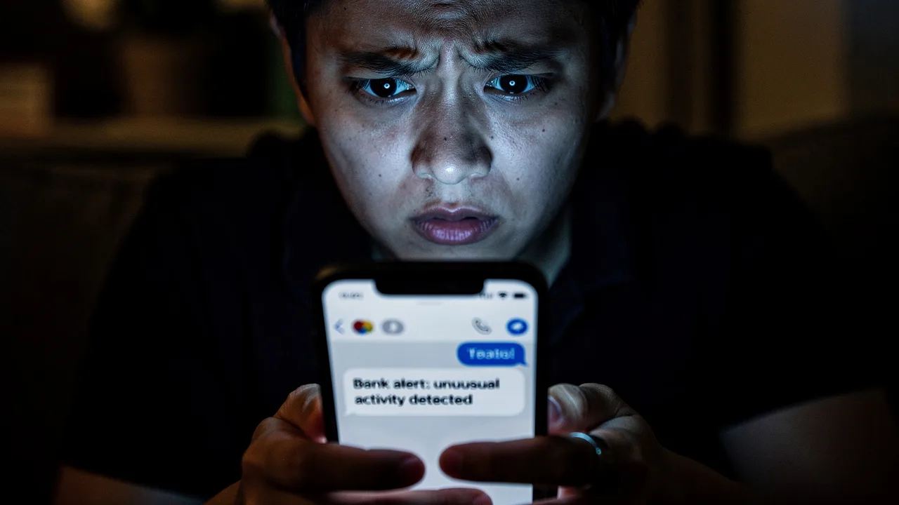 Person looking worried at smartphone screen showing suspicious banking SMS message, dark room lighti