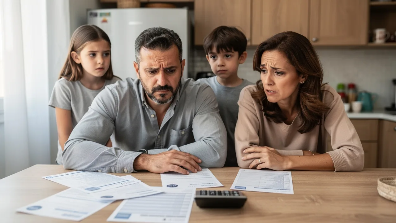 Spanish family looking worried at high electricity bills on kitchen table, calculator and utility bi