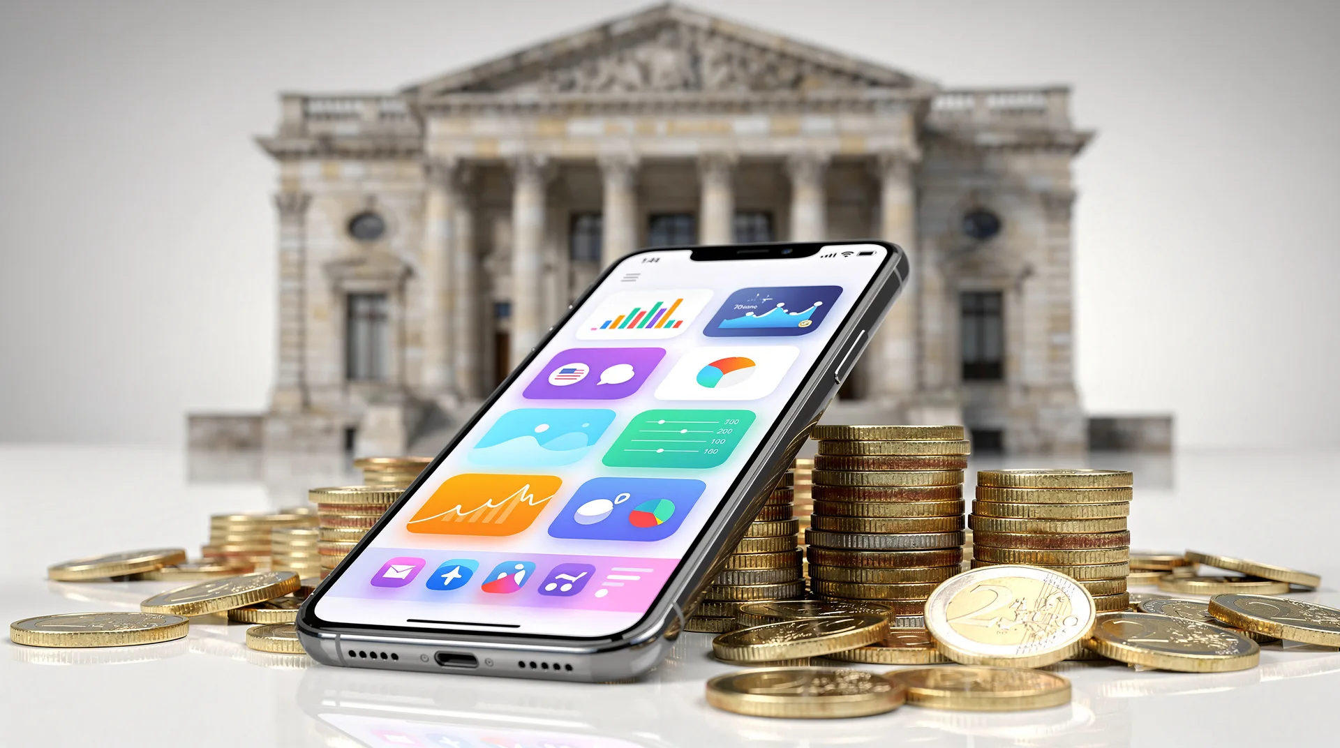 Modern smartphone displaying multiple fintech apps on screen, surrounded by traditional bank buildin