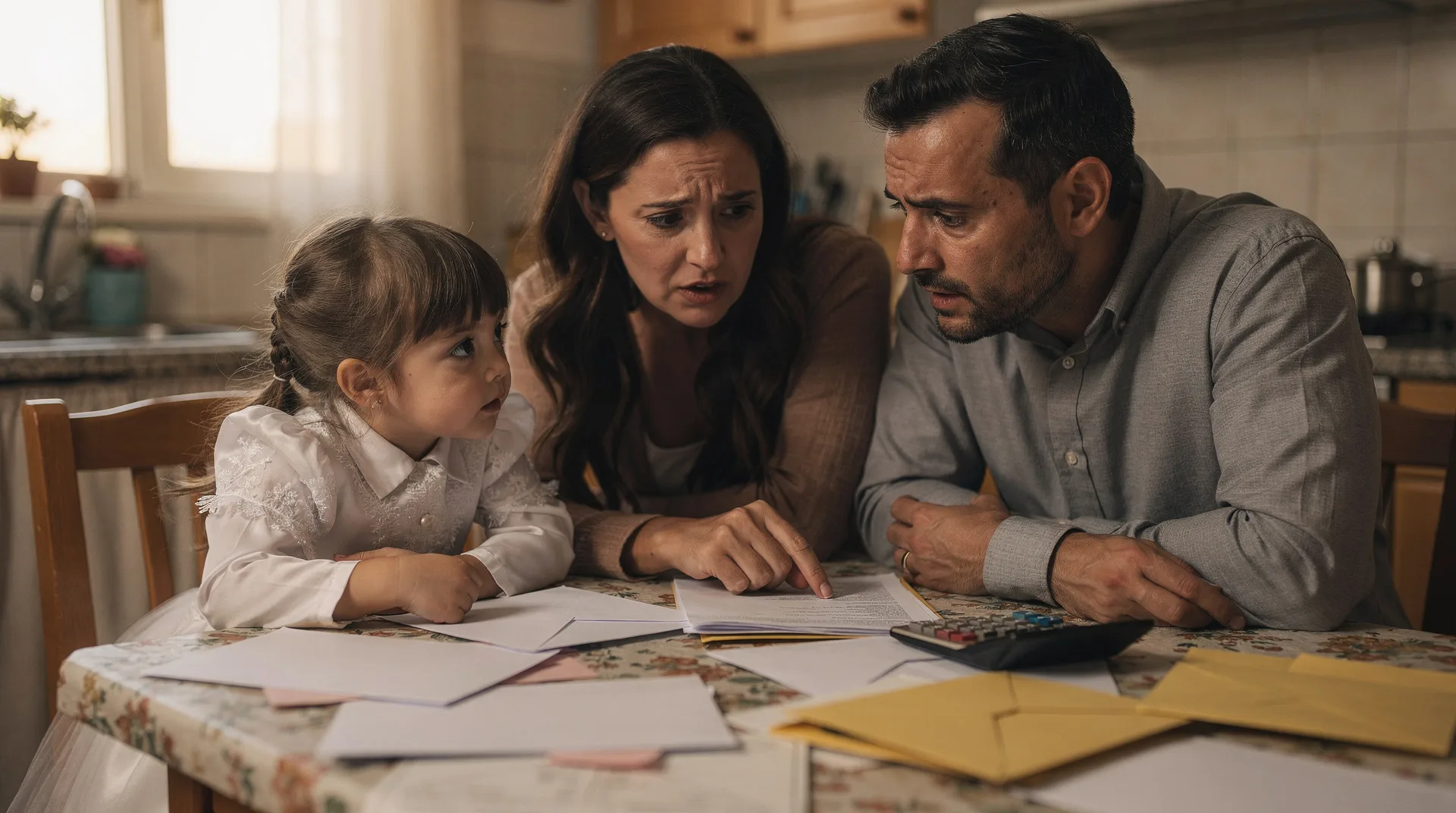 Spanish family looking at communion expenses and bills on kitchen table, calculator and papers sprea