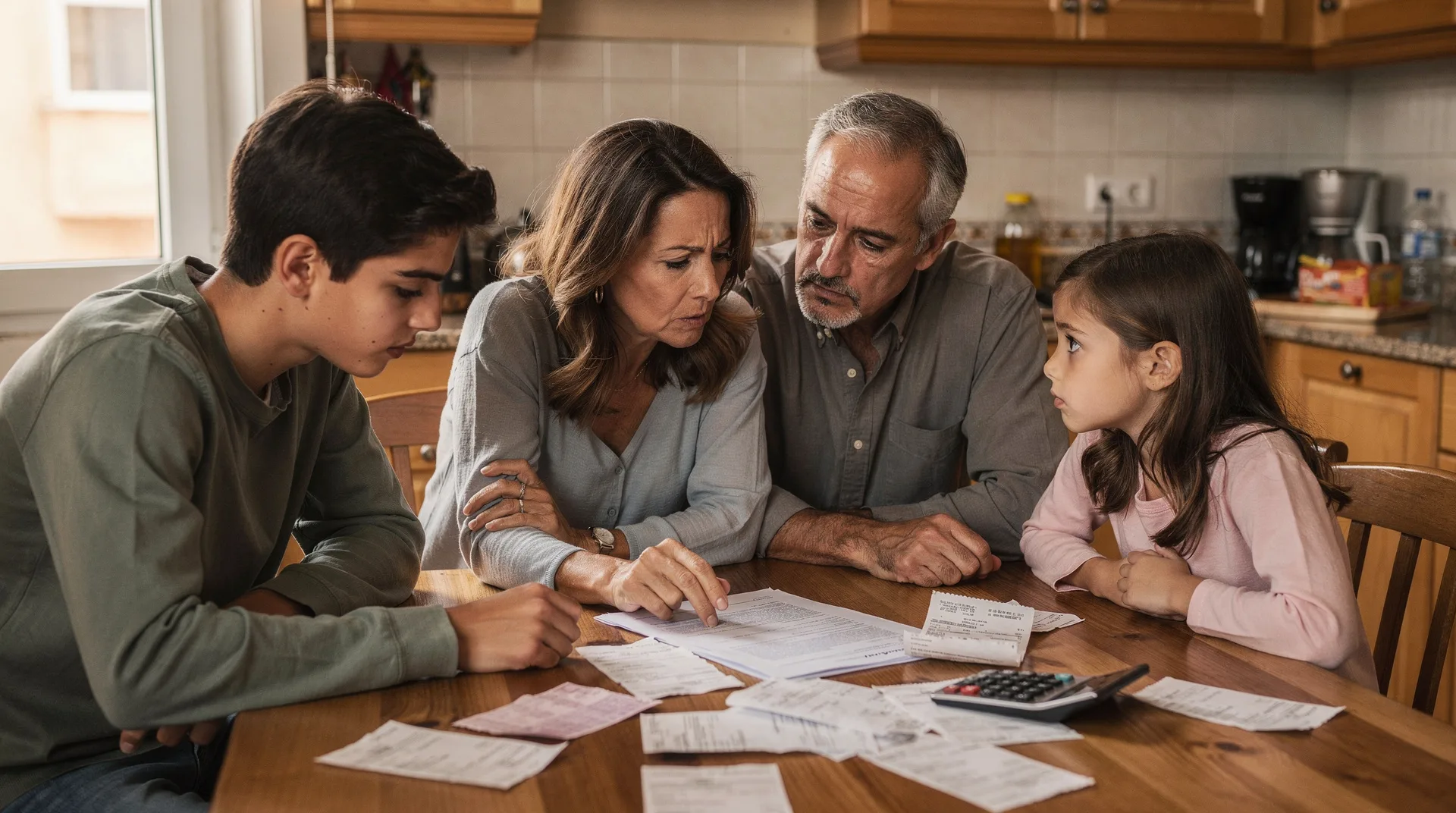 Spanish family of different ages sitting around a kitchen table with bills, receipts and a calculato