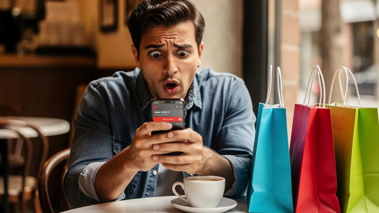 Spanish person looking shocked while checking smartphone bank app, coffee cup and shopping bags on t