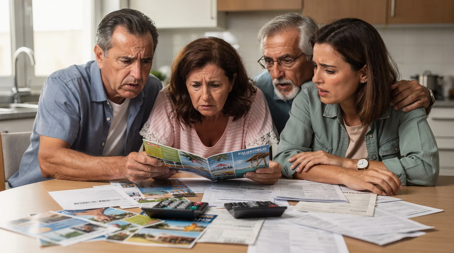 Spanish family of different ages looking at vacation brochures and bills on a kitchen table, worried