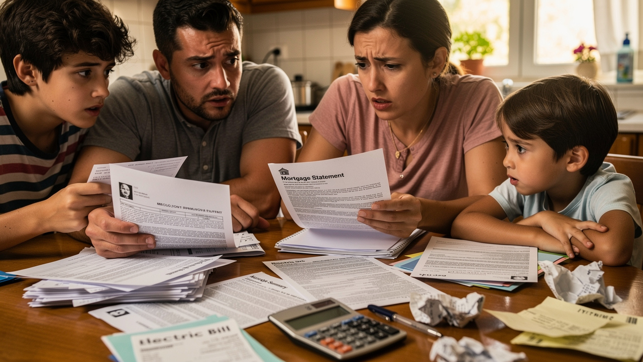 Spanish family reviewing bank documents and mortgage papers on kitchen table, worried expressions, c
