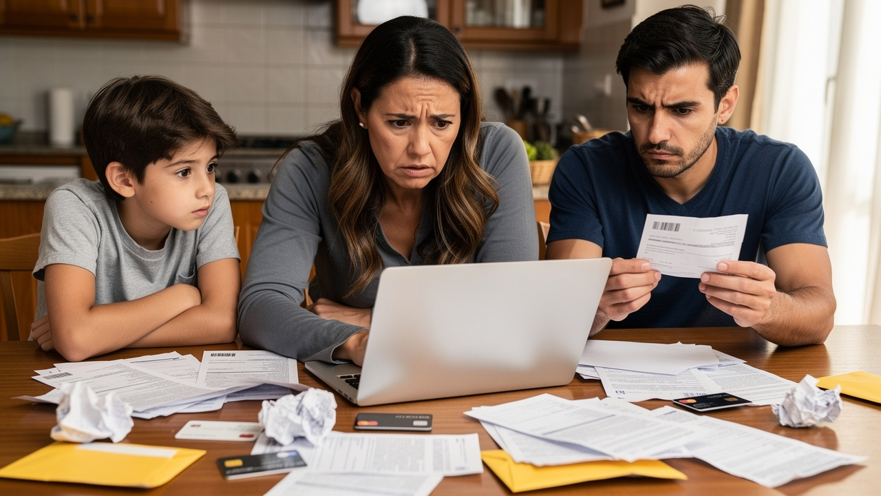 Spanish family looking worried while checking bank statements and bills on laptop at kitchen table, 