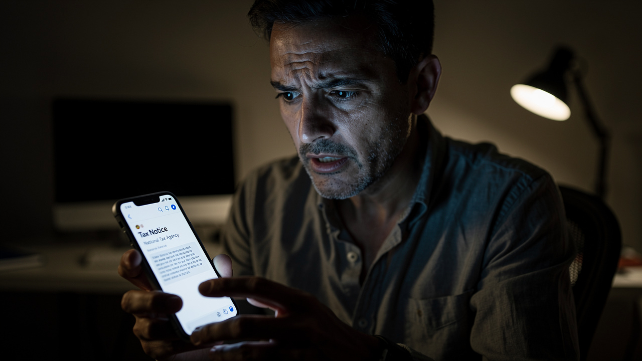 Spanish person looking worried at smartphone screen showing fake tax authority email, dark office li